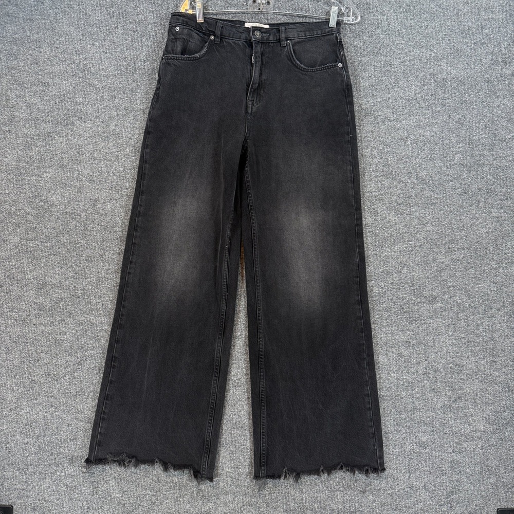 We The Free Jeans Womens 28 Black Wide Leg Raw Hem Faded High Rise Denim Casual